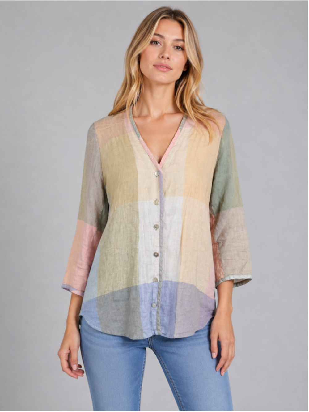 Alembika Colorblock Top Size 0 XS 100% Linen Boxy Artsy Lagenlook Boho Shirt